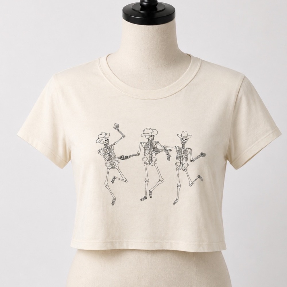 Full Tilt Dancing Cowboy Skeletons Crop Top Women Medium Cream Graphic Tee